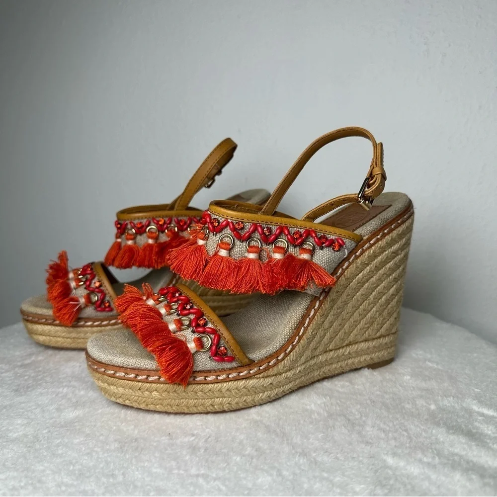 Tory Burch Vibrant Orange and Tan Espadrille Wedges Sandals